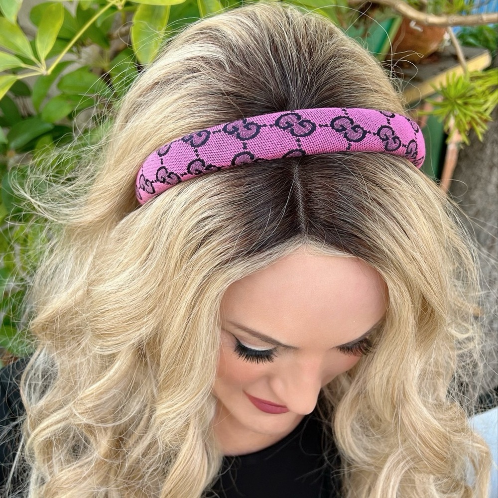 Hot Pink Navy Blue G Dot Monogram Fabric Italian Luxury Insp 1" Neutral Headband - Picture 3 of 3